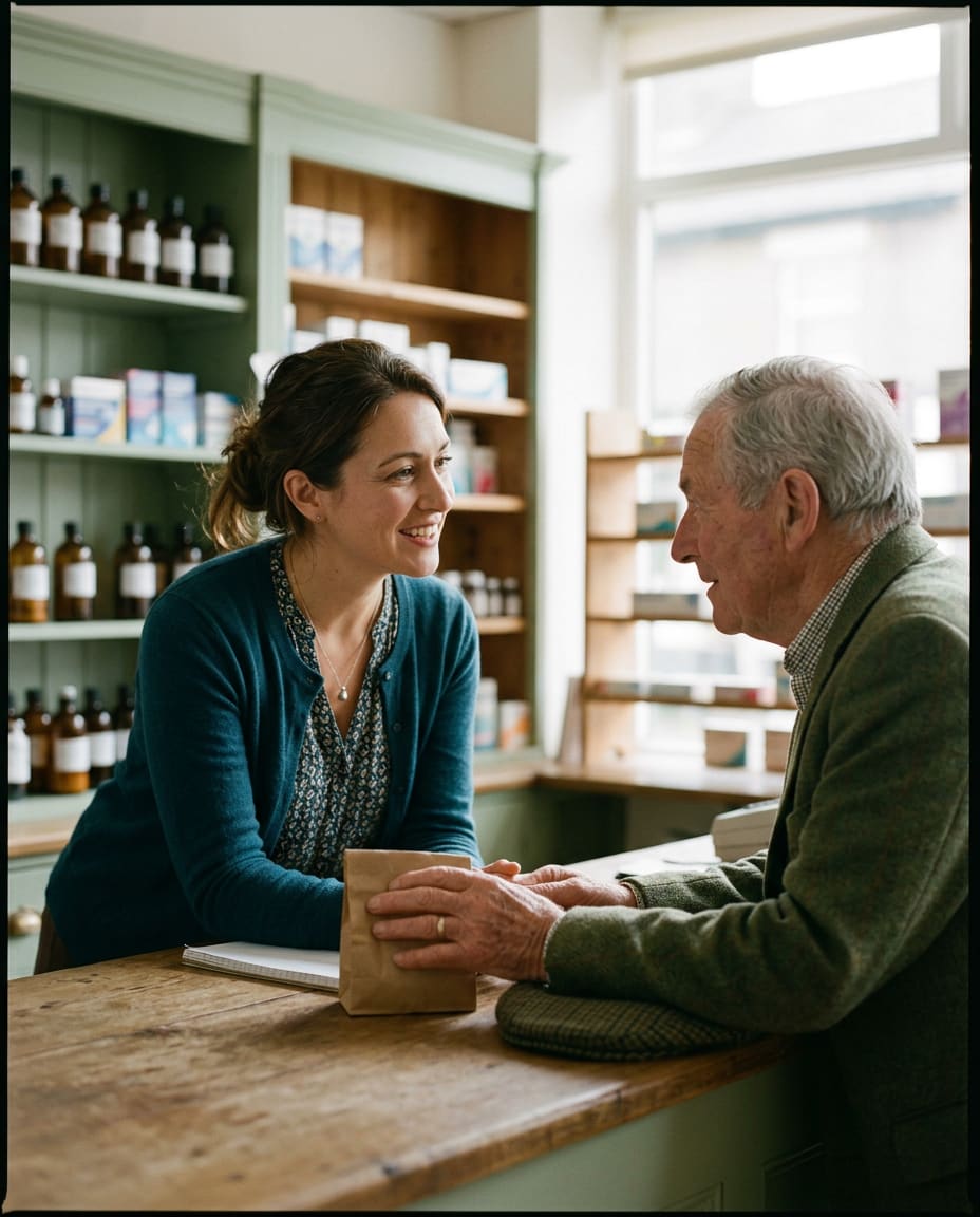 A pharmacist helping a patient at Rank Pharmacy in Luton